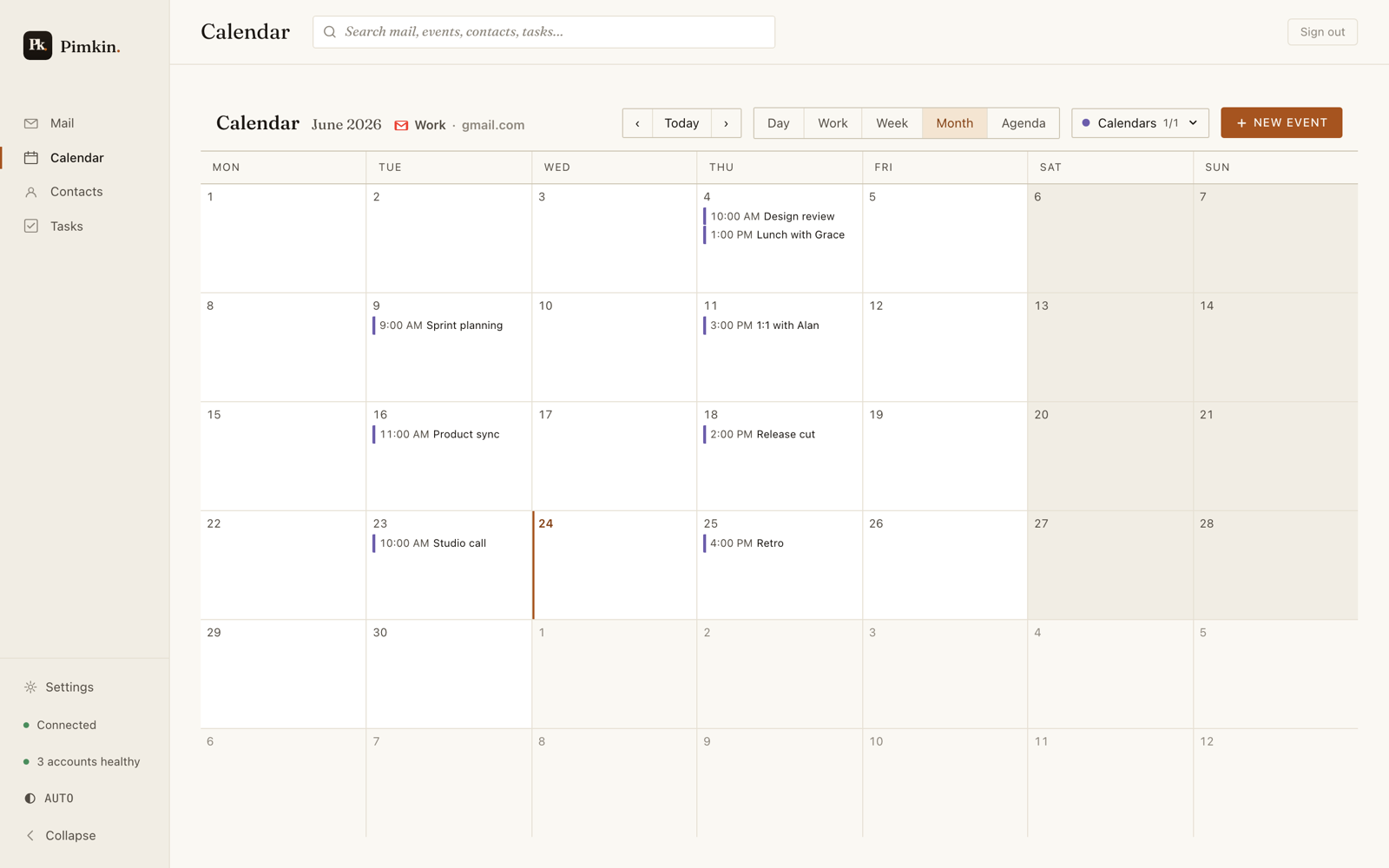 Pimkin's calendar month view with events across several days.
