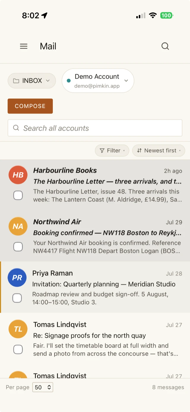 Pimkin on iPhone, showing the inbox for the demo account