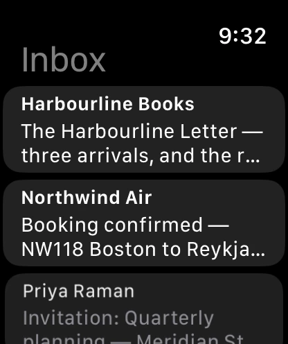 Pimkin on Apple Watch, showing the same inbox