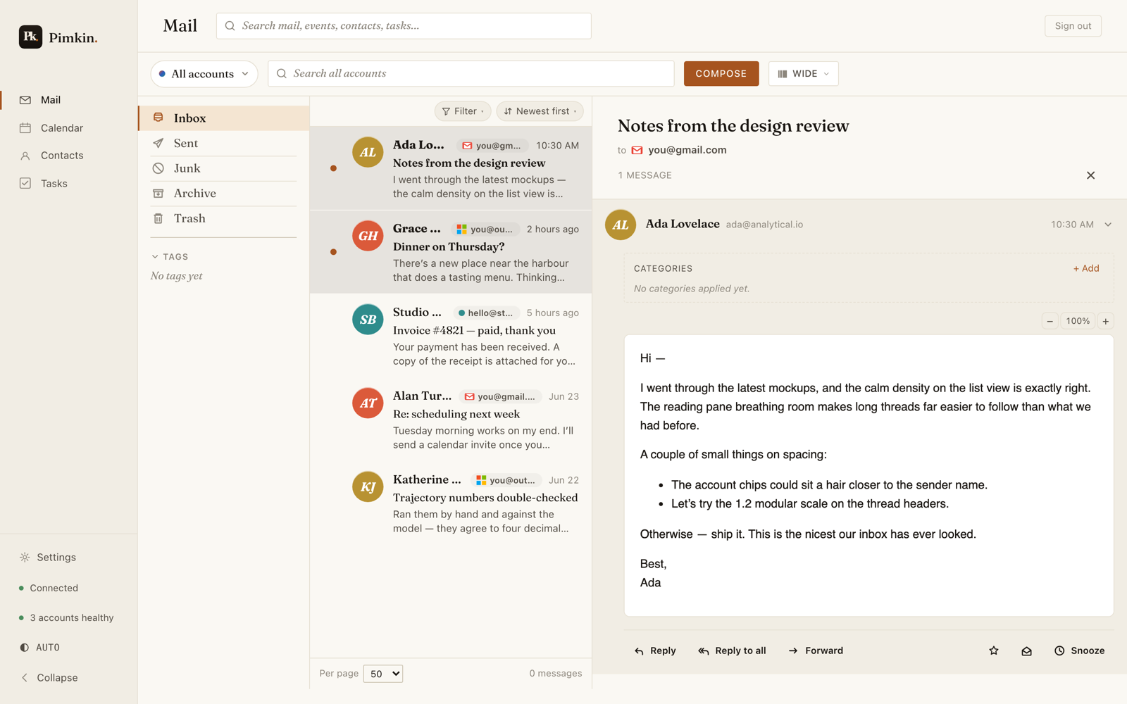 Pimkin's unified inbox — a navigation rail, a message list spanning three accounts, and an open email in the reading pane.